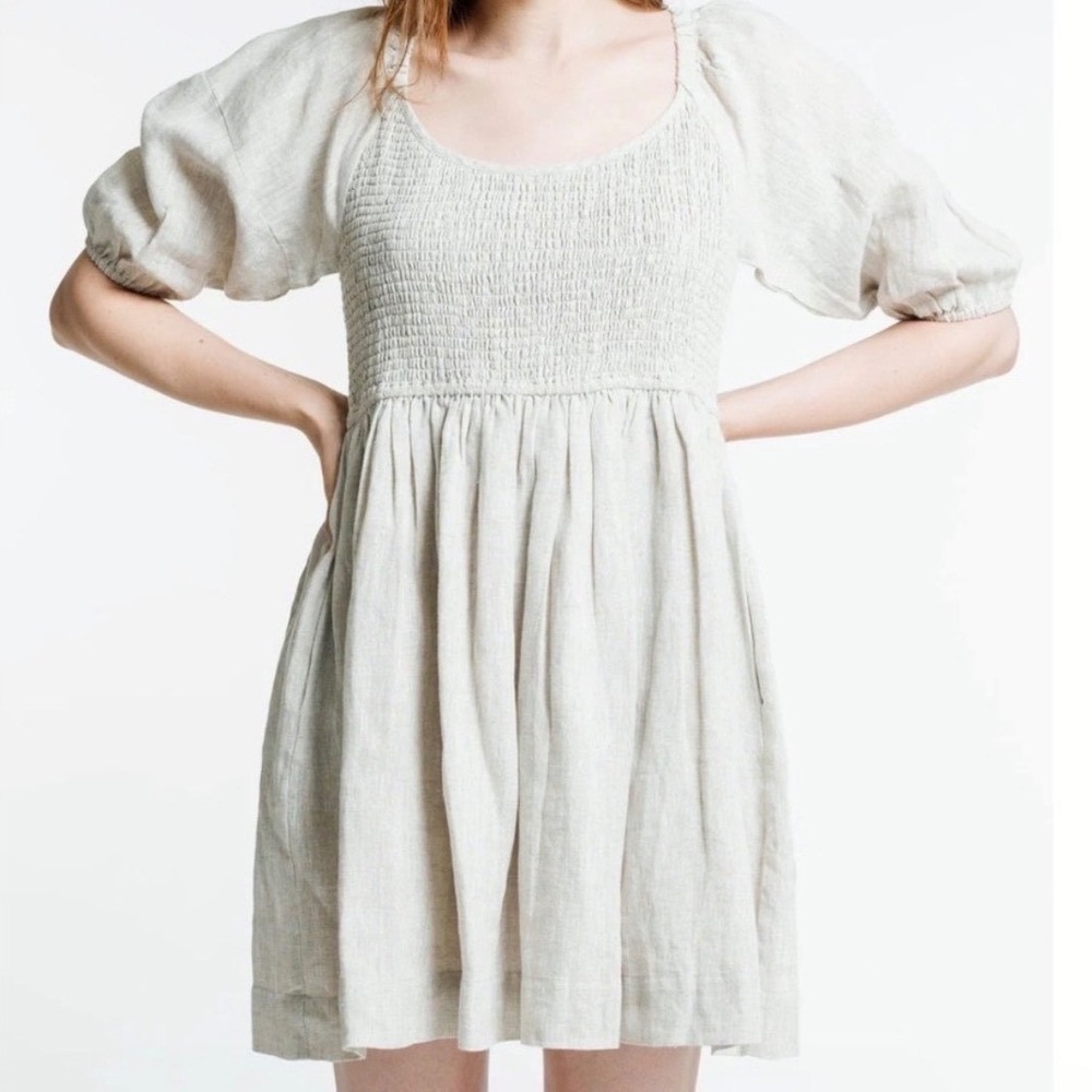 Laude the Label Carmen Smocked Linen Mini Dress Natural Puff‎ Sleeve - L/XL